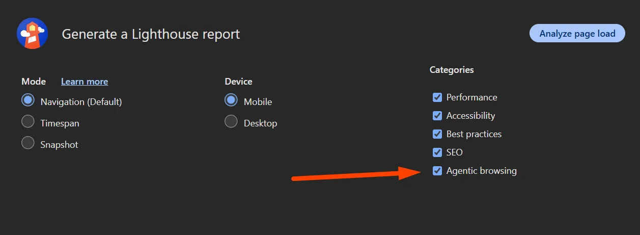 Painel do Lighthouse no DevTools com a categoria Agentic Browsing marcada no checkbox