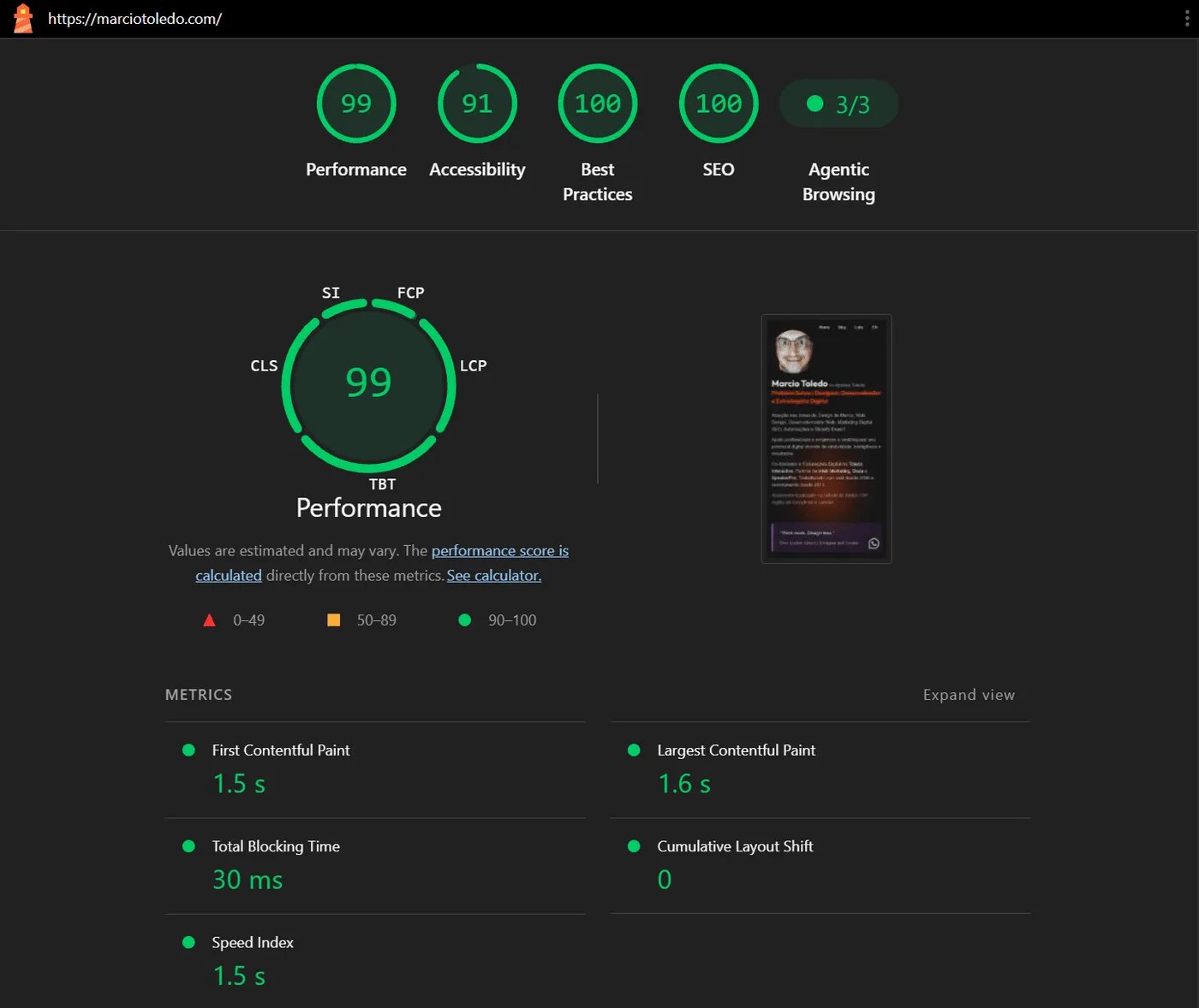 Resultado do Lighthouse Agentic Browsing no marciotoledo.com com pass/fail por audit
