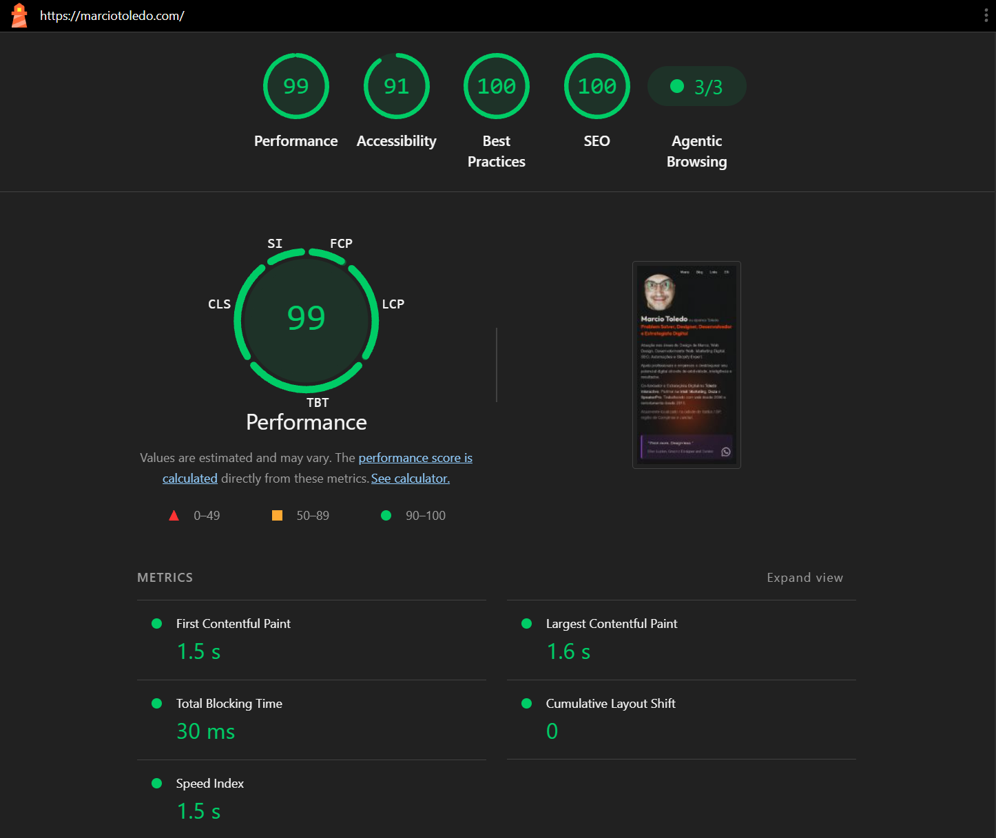 Resultado do Lighthouse Agentic Browsing no marciotoledo.com com pass/fail por audit